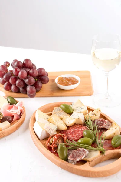 Charcuterie Plate Different Types Meat Snacks Salami Bresaola Proscuitto Wooden — Stock Photo, Image