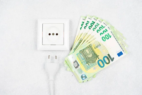 White Socket Plug Many 100 Euro Banknotes Light Background Concept — Stock Photo, Image