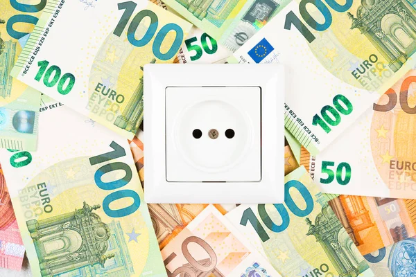 White Socket Many Euro Banknotes Background Concept Increasing Prices Electricity — Stock Photo, Image