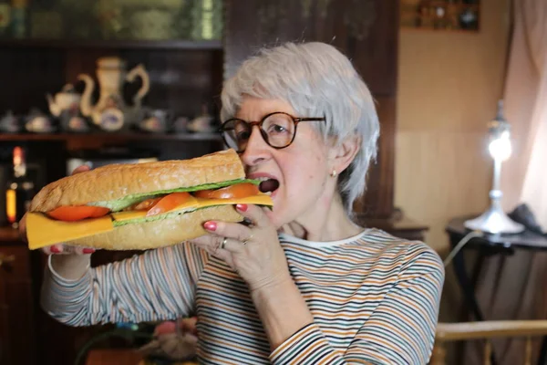 Close Portrait Mature Woman Giant Sandwich Home — Stock Photo, Image