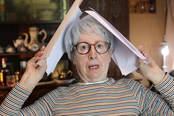 Close Portrait Mature Woman Lots Papers Home — Foto Stock