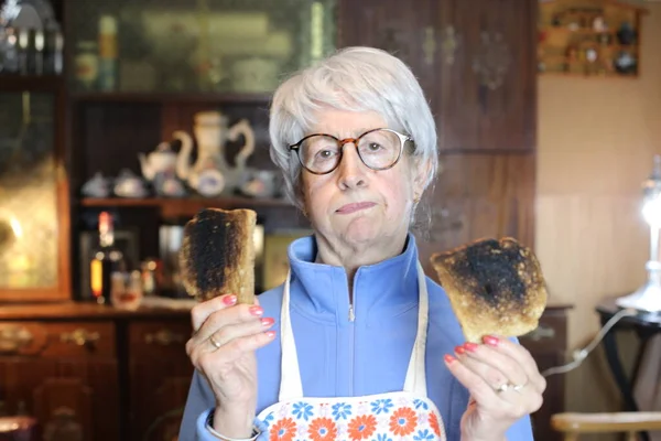 Close Portrait Mature Woman Overroasted Toasts Home — Foto Stock