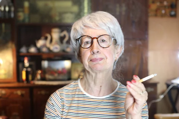 Close Portrait Mature Woman Smoking Cigarette Home — Foto Stock