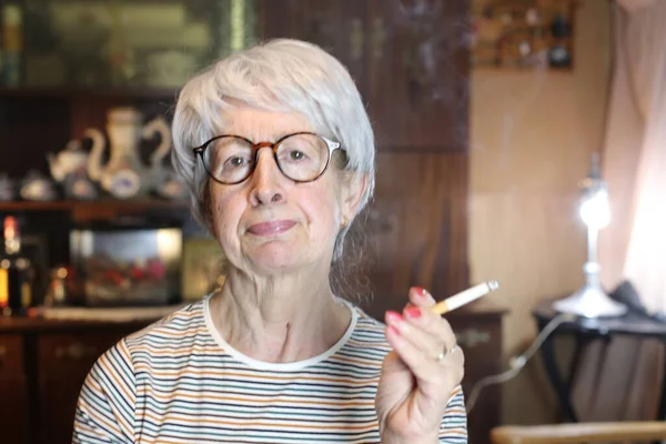 Close Portrait Mature Woman Smoking Cigarette Home — Foto Stock