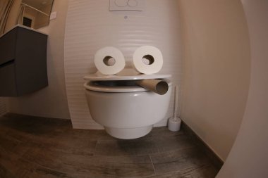 wide angle shot of smoking toilet face made with paper rolls, comedy concept