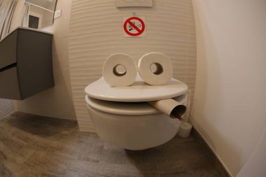 wide angle shot of smoking toilet face made with paper rolls, comedy concept