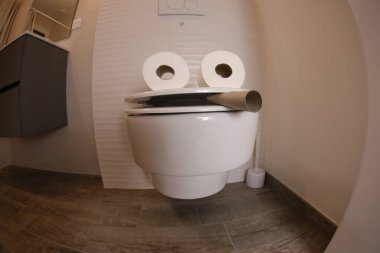 wide angle shot of smoking toilet face made with paper rolls, comedy concept
