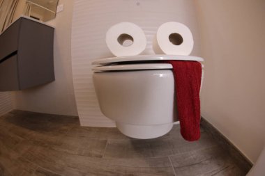 wide angle shot of toilet with face made of paper rolls and red towel, comedy concept