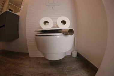 wide angle shot of smoking toilet face made with paper rolls, comedy concept