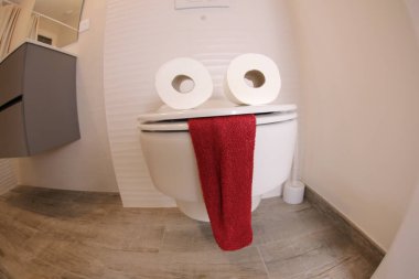 wide angle shot of toilet with face made of paper rolls and red towel, comedy concept