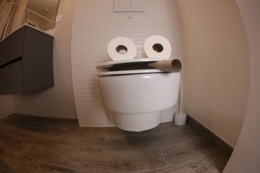 wide angle shot of smoking toilet face made with paper rolls, comedy concept