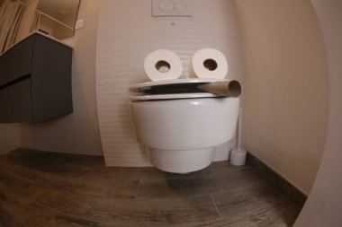 wide angle shot of smoking toilet face made with paper rolls, comedy concept