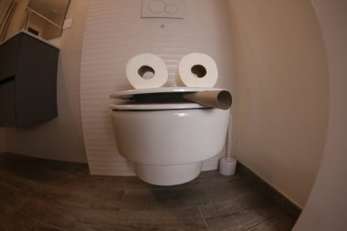 wide angle shot of smoking toilet face made with paper rolls, comedy concept