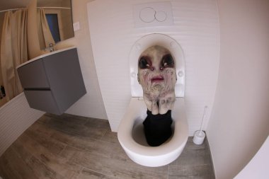 wide angle shot of alien head sticking out of toilet, comedy concept