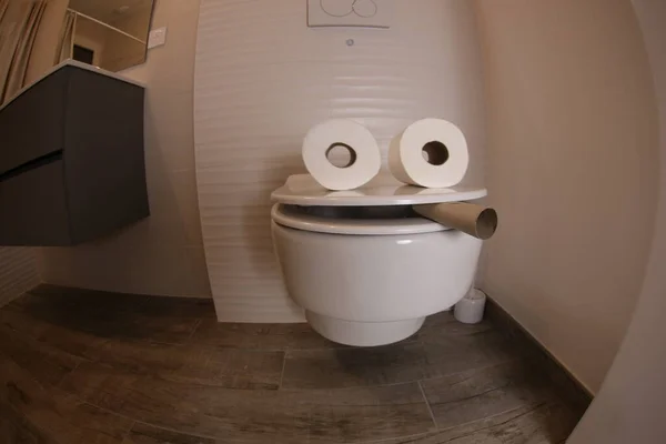 Wide Angle Shot Smoking Toilet Face Made Paper Rolls Comedy — 스톡 사진