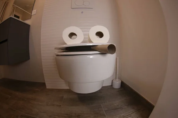 Weitwinkelaufnahme Von Rauchendem Toilettengesicht Mit Papierrollen Comedy Konzept — Stockfoto