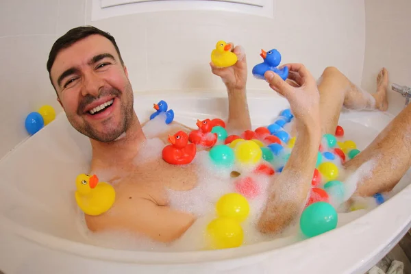 Wide Angle Shot Happy Young Man Rubber Ducks Balls Having — Stock Photo, Image