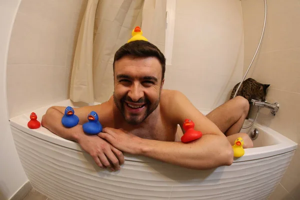 Wide Angle Shot Handsome Young Man Rubber Ducks Bath — Stock Photo, Image
