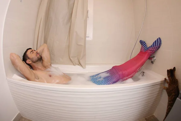 Wide Angle Shot Handsome Young Man Mermaid Costume Bath — Stok fotoğraf