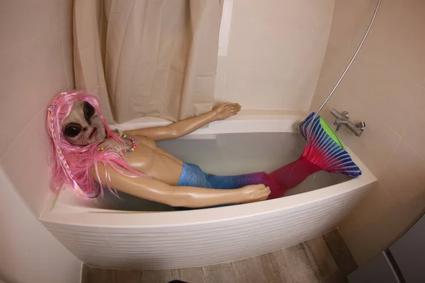 wide angle shot of mannequin with alien mask in bath tub