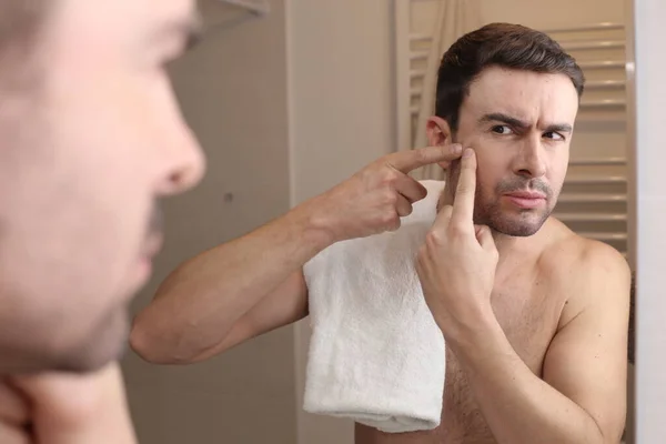 Portrait Handsome Young Man Squeezing Pimples Front Mirror Bathroom — Stock Photo, Image