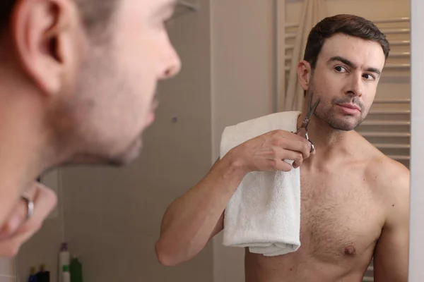 Portrait Handsome Young Man Cutting Beard Scissors Front Mirror Bathroom — Stock Photo, Image