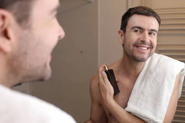 Portrait Handsome Young Man Applying Perfume Front Mirror Bathroom — Stock Photo, Image