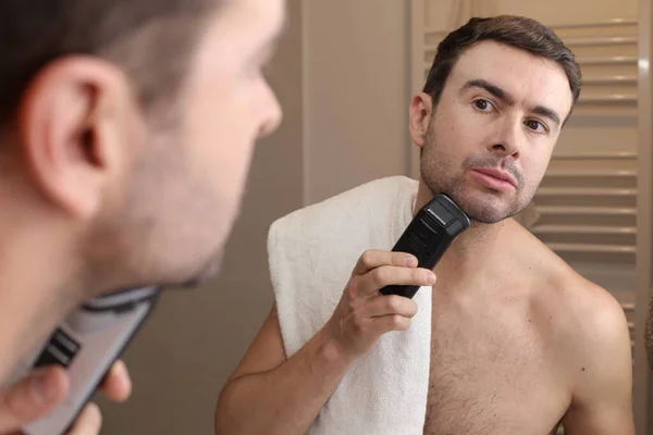 Portrait Handsome Young Man Shaving Beard Electric Shaver Front Mirror — Stock Photo, Image