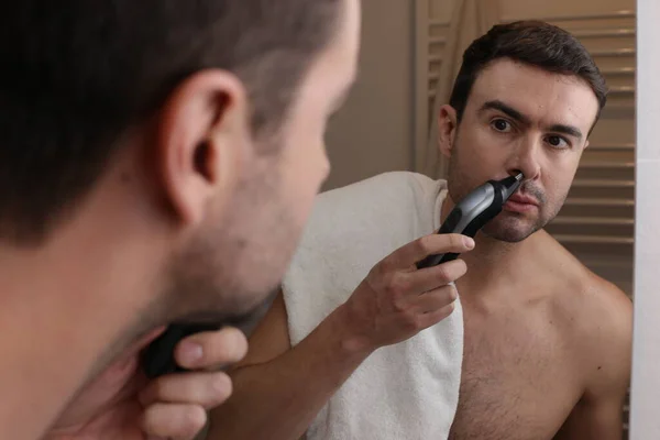 Portrait Handsome Young Man Cutting Nose Hair Front Mirror Bathroom — Stock Photo, Image