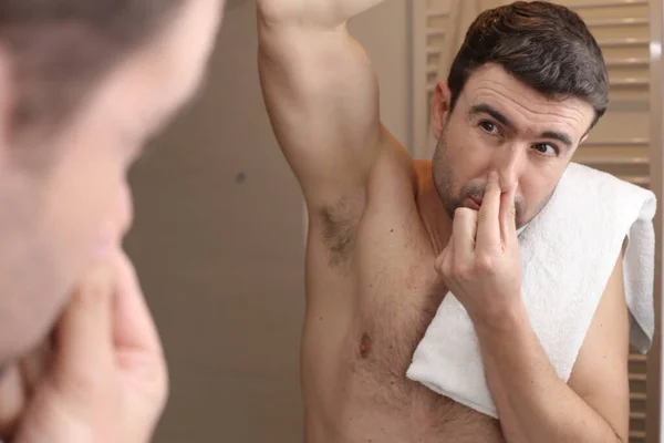 Portrait Handsome Young Man Stinky Armpits Front Mirror Bathroom — Stock Photo, Image