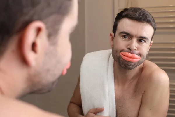 Portrait Handsome Young Man Big Lips Front Mirror Bathroom — Stock Photo, Image