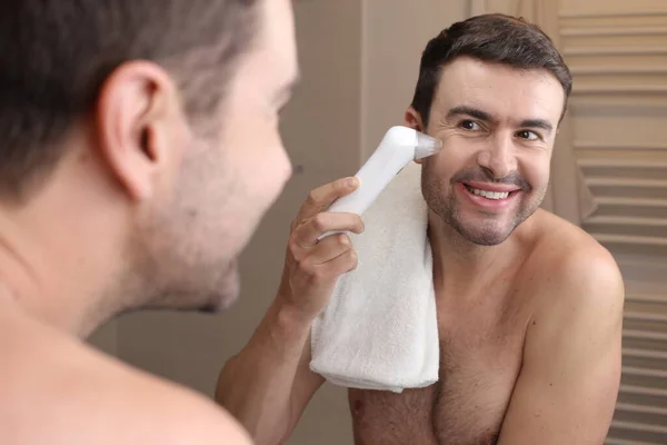 Portrait Handsome Young Man Using Vacuum Pimple Remover Front Mirror — Stock Photo, Image