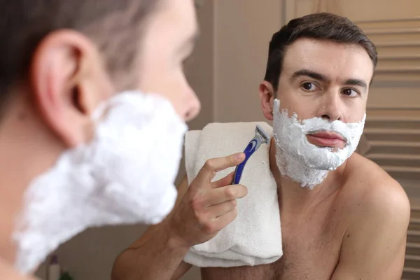 Portrait Handsome Young Man Shaving Front Mirror Bathroom — Stock Photo, Image