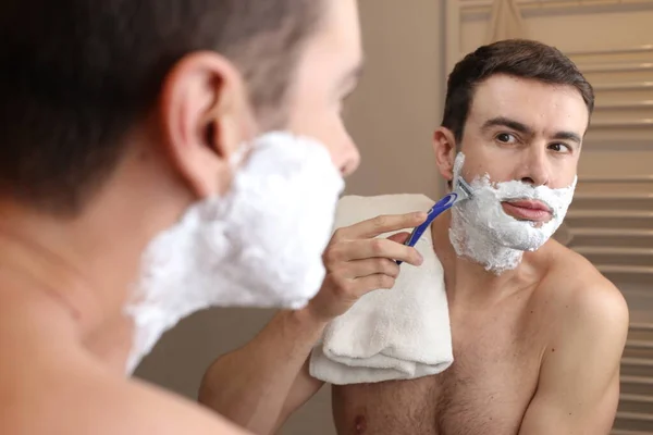 Portrait Handsome Young Man Shaving Front Mirror Bathroom — Stock Photo, Image