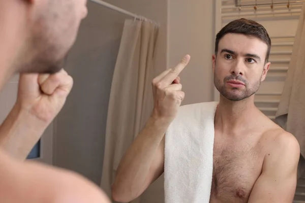 Portrait Handsome Young Man Showing Middle Finger Front Mirror Bathroom — Stock Photo, Image