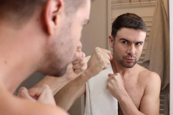 Portrait Handsome Aggressive Young Man Front Mirror Bathroom — Stock Photo, Image