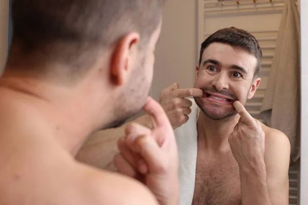 Portrait Handsome Young Man Front Mirror Bathroom — Stock Photo, Image