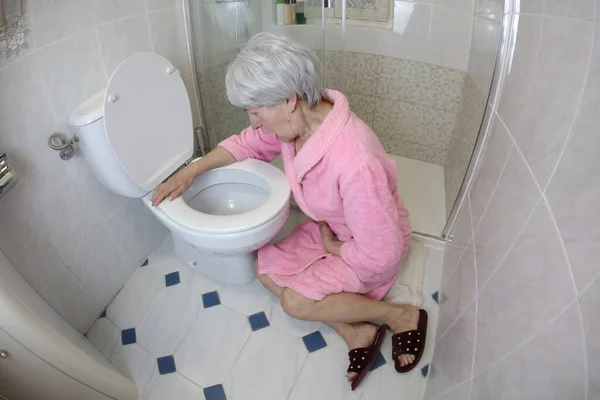 Wide Angle Shot Senior Woman Sitting Toilet Bathroom Food Poisoning — Stock Photo, Image