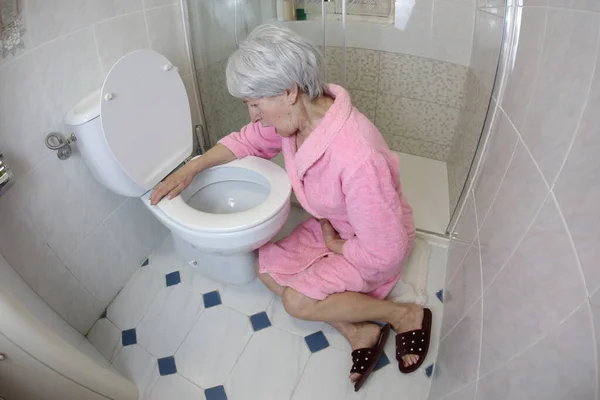 Wide Angle Shot Senior Woman Sitting Toilet Bathroom Food Poisoning — Stock Photo, Image