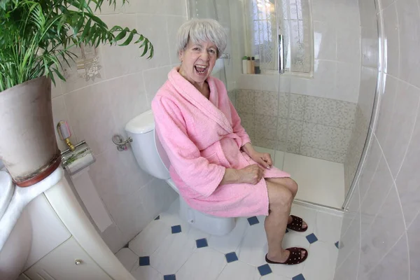Wide Angle Shot Senior Woman Screaming While Sitting Toilet — Stock Photo, Image