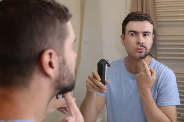 Portrait Handsome Young Man Half Shaved Beard Front Mirror Bathroom — Stock Photo, Image