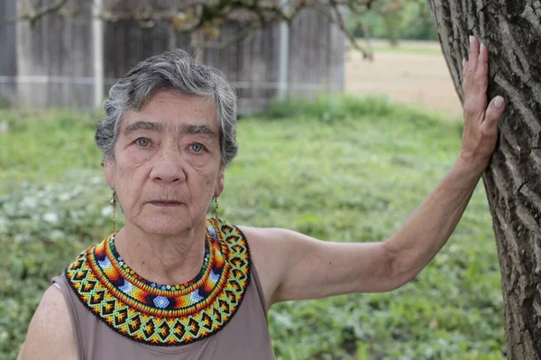Πορτρέτο Της Όμορφης Ηλικιωμένης Γυναίκας Παραδοσιακά Κολομβιανά Ρούχα Στη Φύση — Φωτογραφία Αρχείου