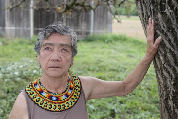 Ritratto Bella Donna Anziana Abiti Tradizionali Colombiani Sulla Natura — Foto Stock