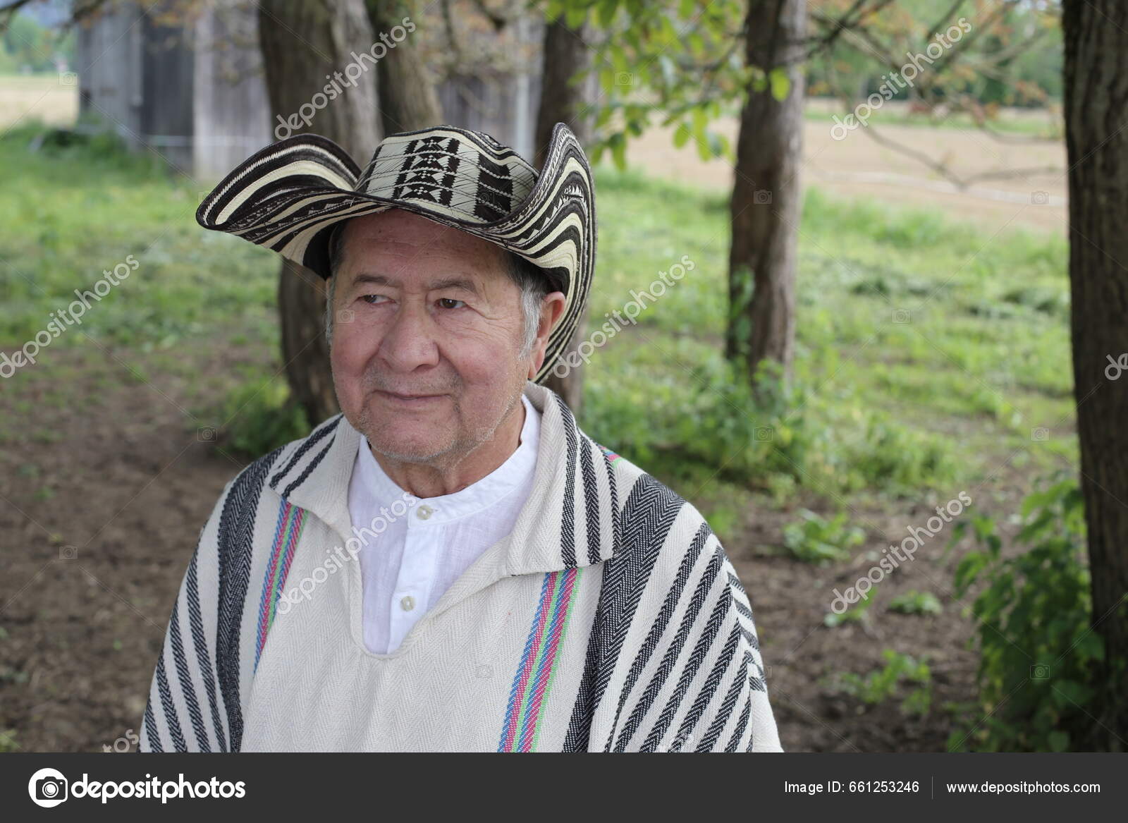Portrait Handsome Senior Man Traditional Colombian Clothes Nature