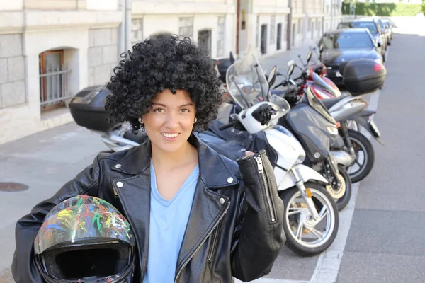 Portrait Beautiful Young Woman Leather Jacket Curly Hair Front Parked — Stock Photo, Image