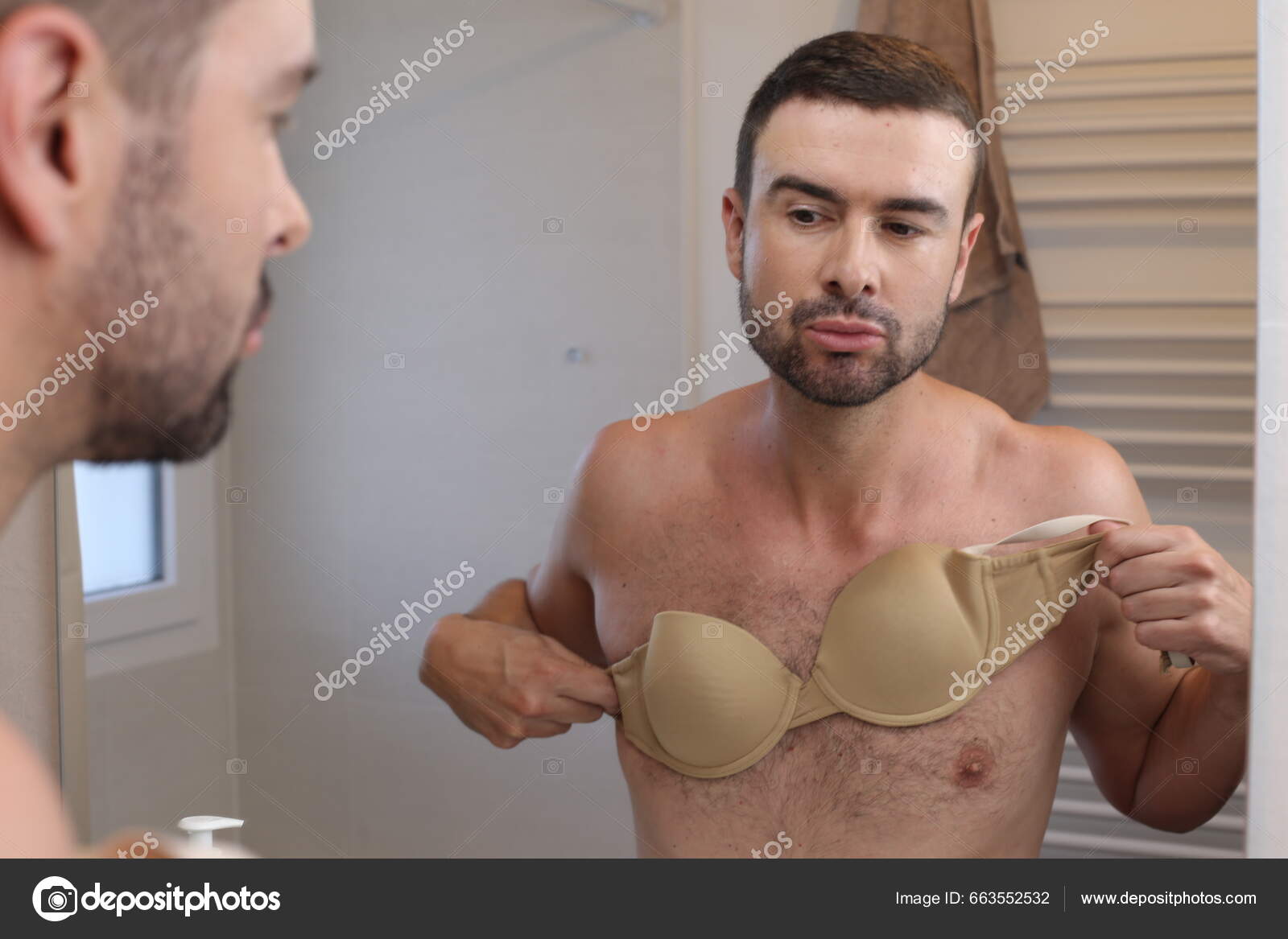 Portrait Young Man Bra Front Mirror Bathroom Stock Photo by  ©albejor2002@hotmail.com 663552532