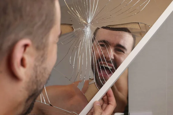 Portrait Young Man Front Shattered Mirror Bathroom — Stock Photo, Image