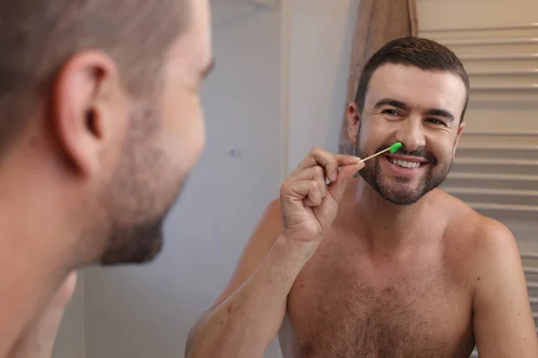 Portrait Young Man Waxing His Nose Hair Front Mirror Bathroom — Stock Photo, Image