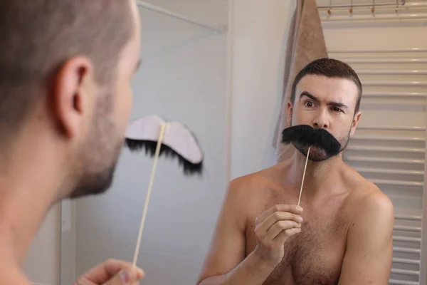 Portrait Young Man Mustache Stick Front Mirror Bathroom — Stock Photo, Image
