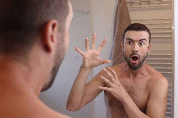 Portrait Shocked Emotional Young Man Front Mirror Bathroom — Stock Photo, Image